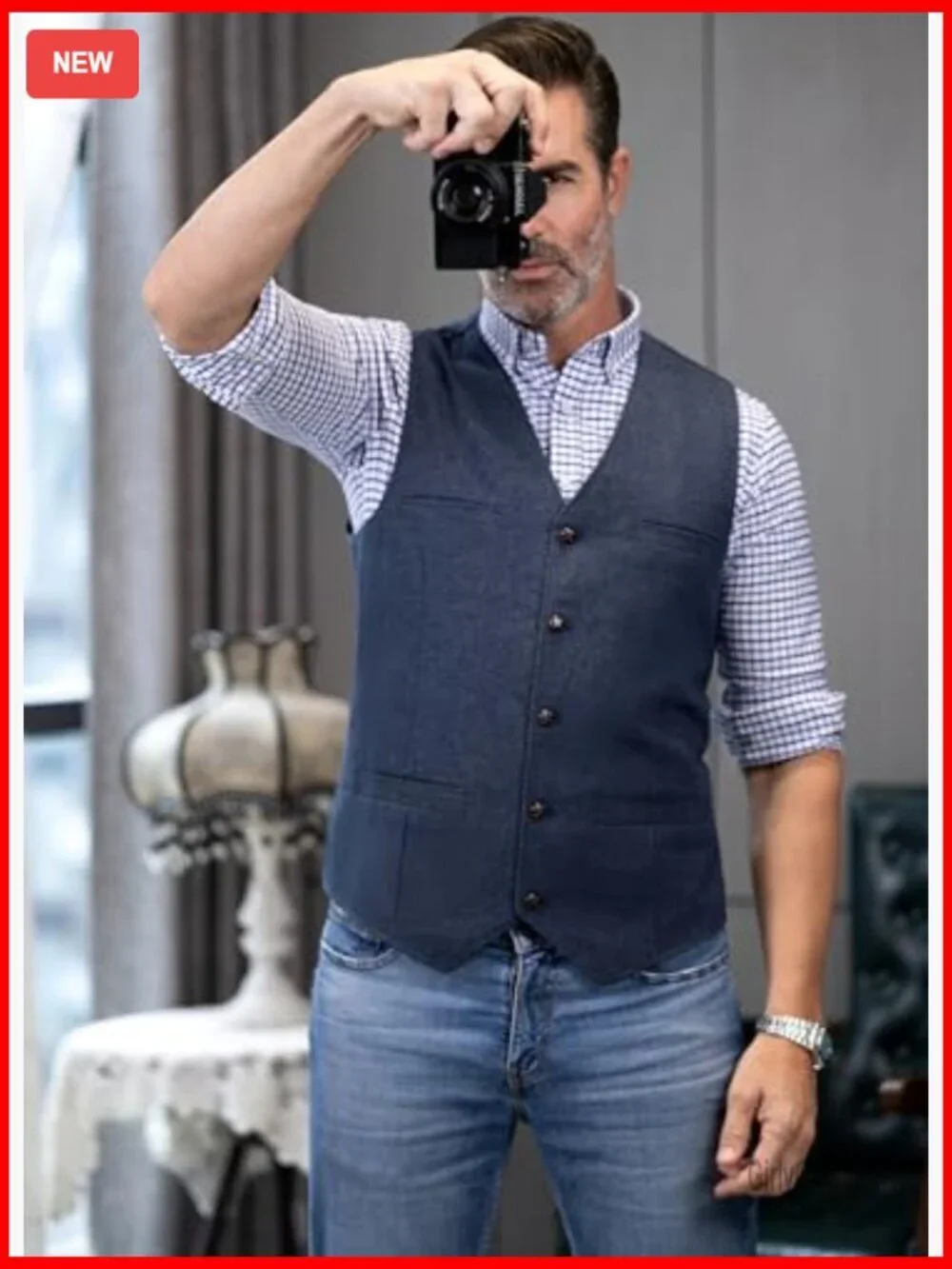 Men's Slim Fit Wool Tweed Vest V-Neck 5 Button Adjustable Back
